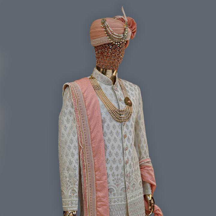 Ivory Raw Silk Sherwani Set with Zari & Cutdana Handwork Embroidery