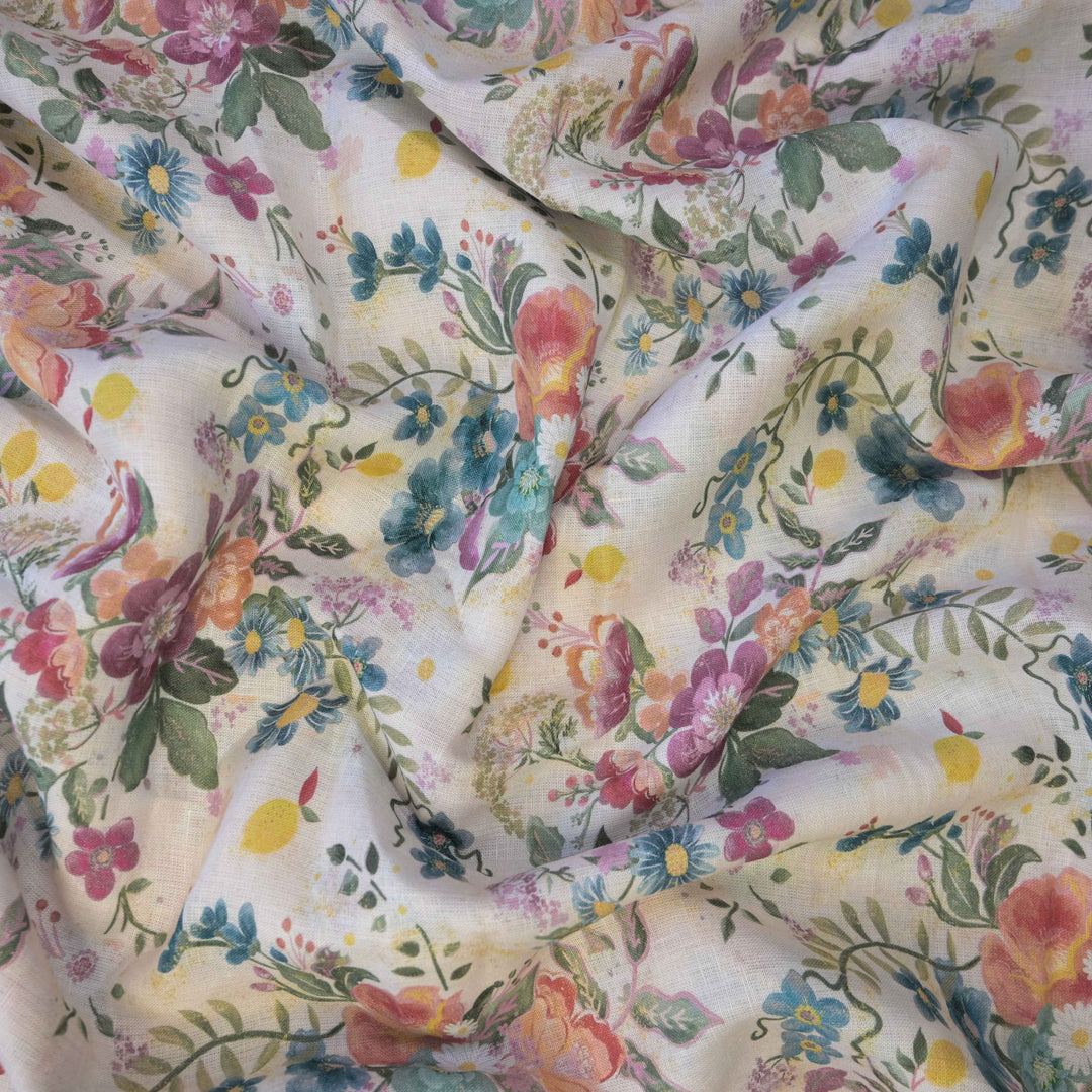 Spring Floral Printed Pure Linen Fabric
