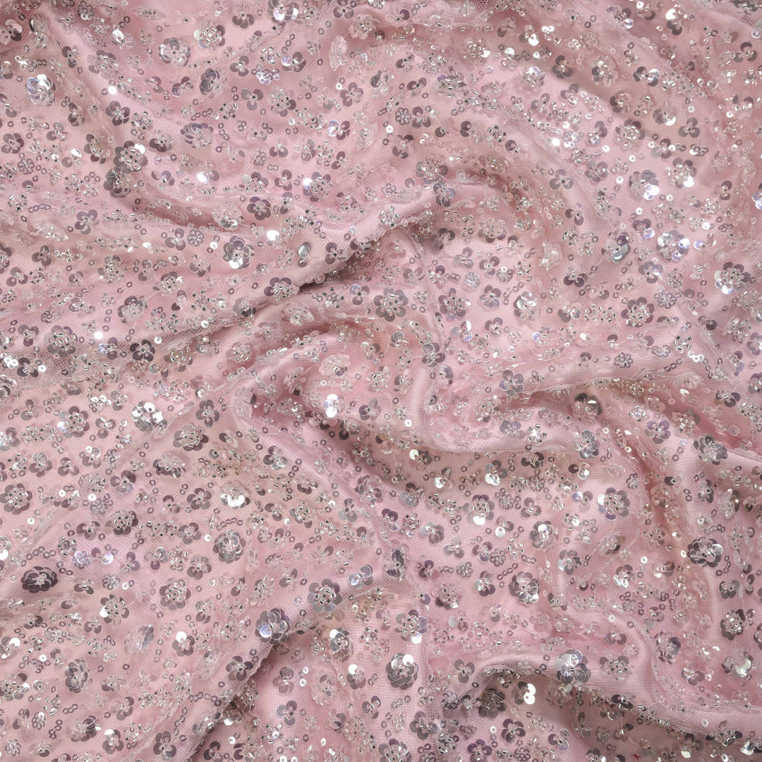 Designer dusty rose Net Embroidery Fabric with water Sequins Embroidery.