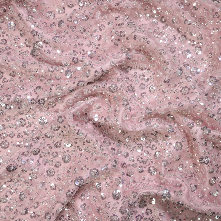 Designer dusty rose Net Embroidery Fabric with water Sequins Embroidery.