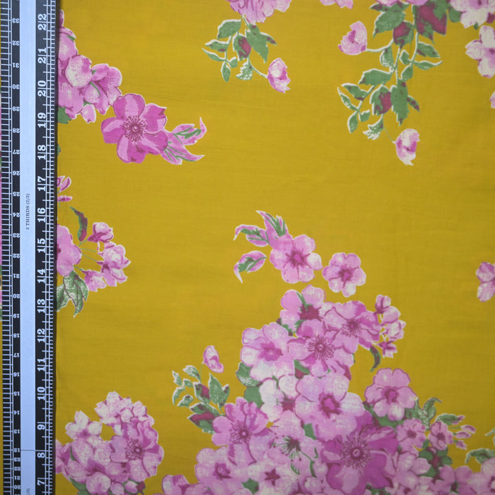 Yellow Cotton Fabric in Floral Print