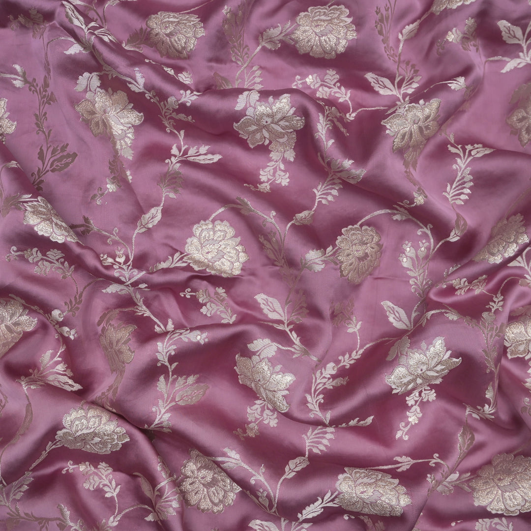 Faded Maroon Satin Brocade with allover Floral Embroidery