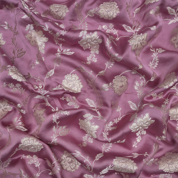 Faded Maroon Satin Brocade with allover Floral Embroidery