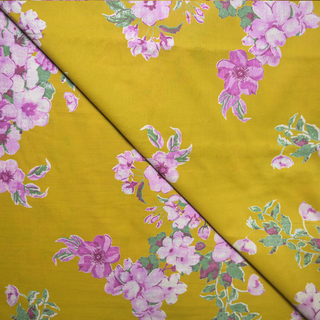 Yellow Cotton Fabric in Floral Print