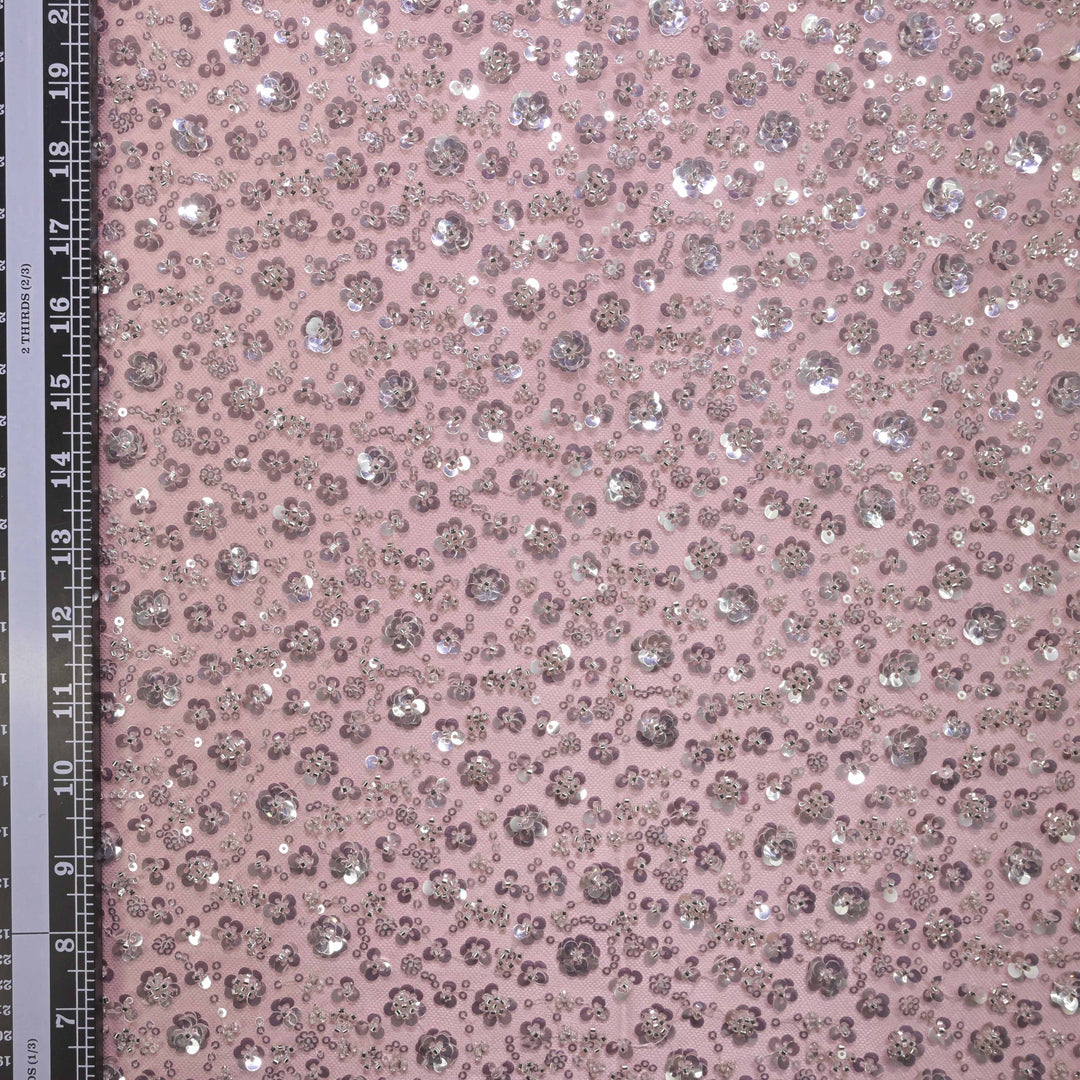 Designer dusty rose Net Embroidery Fabric with water Sequins Embroidery.