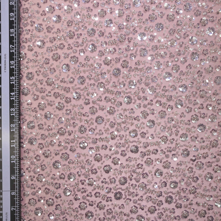 Designer dusty rose Net Embroidery Fabric with water Sequins Embroidery.