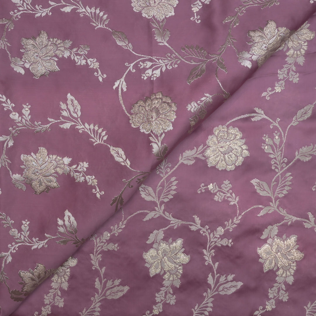 Faded Maroon Satin Brocade with allover Floral Embroidery