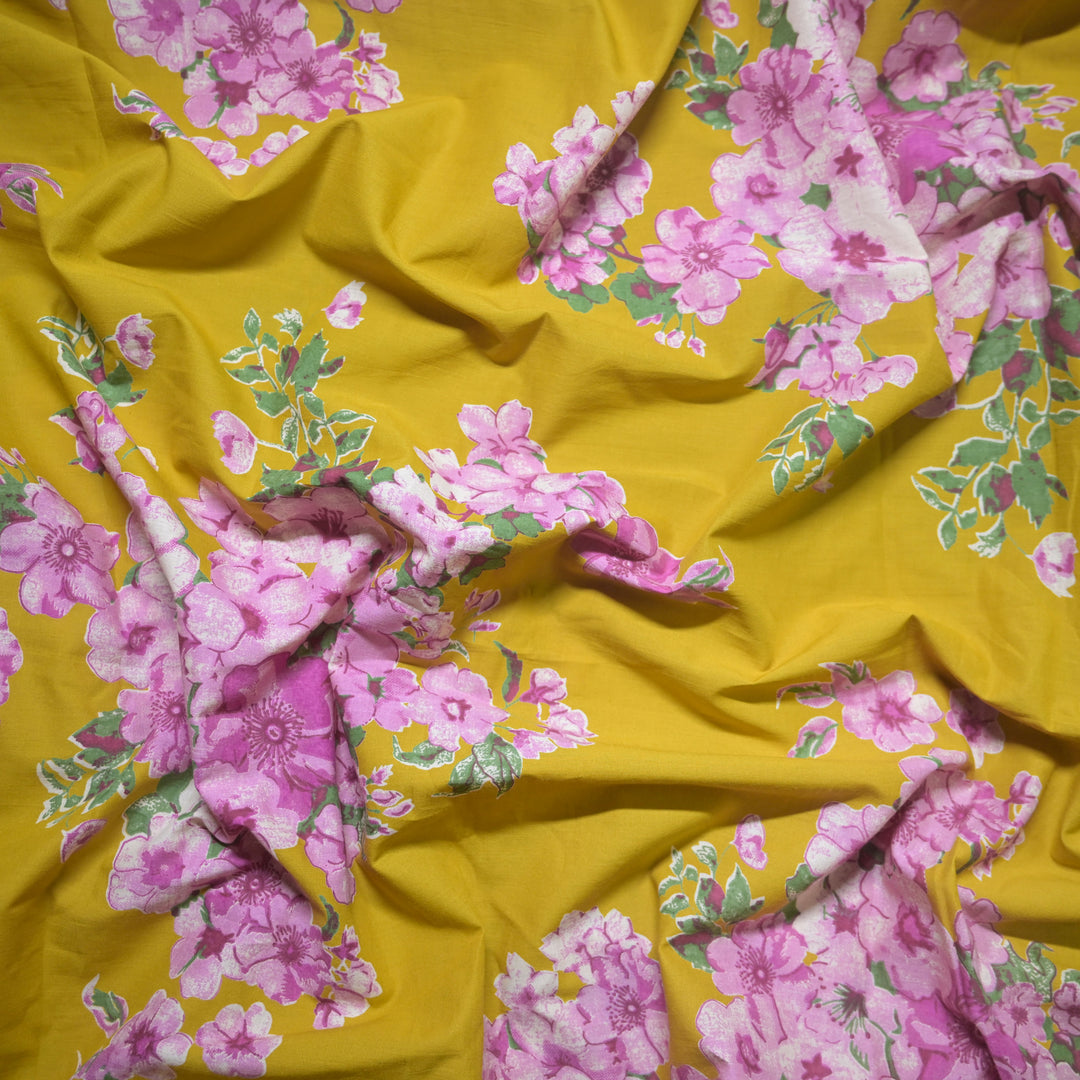 Yellow Cotton Fabric in Floral Print