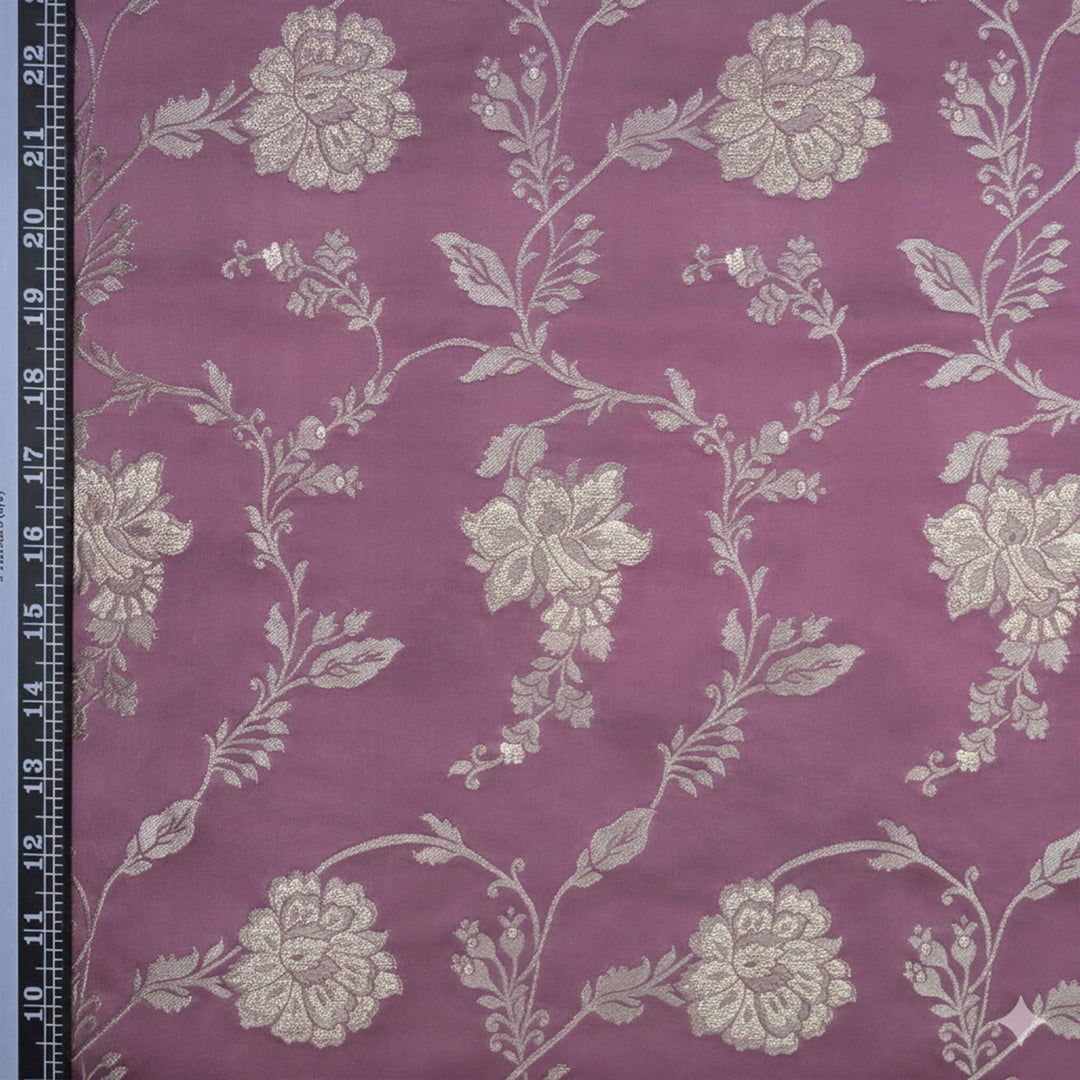 Faded Maroon Satin Brocade with allover Floral Embroidery