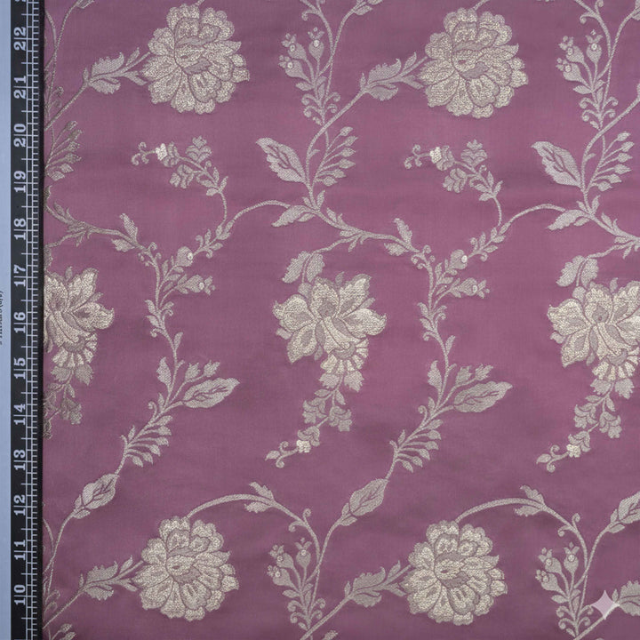 Faded Maroon Satin Brocade with allover Floral Embroidery