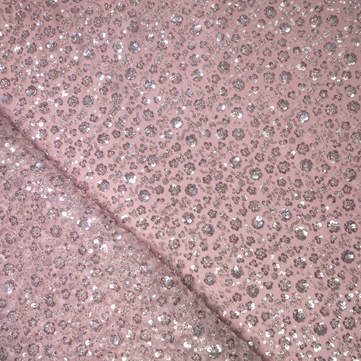 Designer dusty rose Net Embroidery Fabric with water Sequins Embroidery.