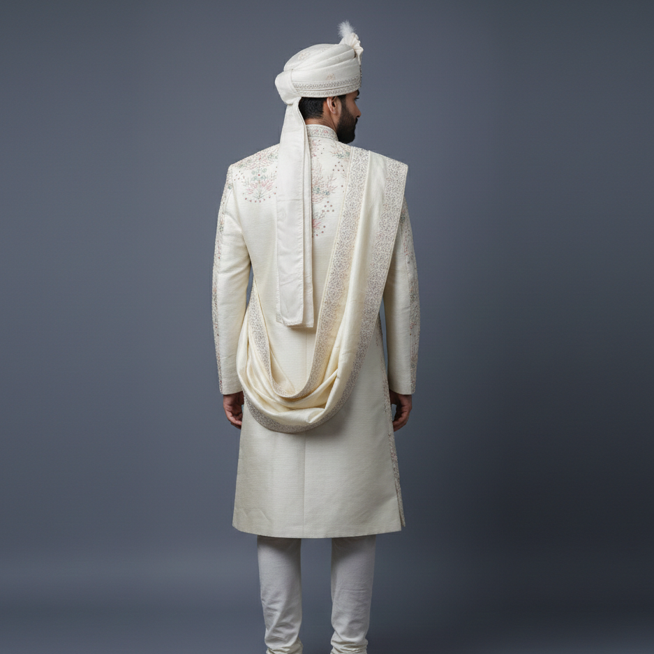Exquisite Pastel Cream Designer Sherwani with allover Silver Zari & Cutdana Embroidery | Luxury Wedding & Groom Wear