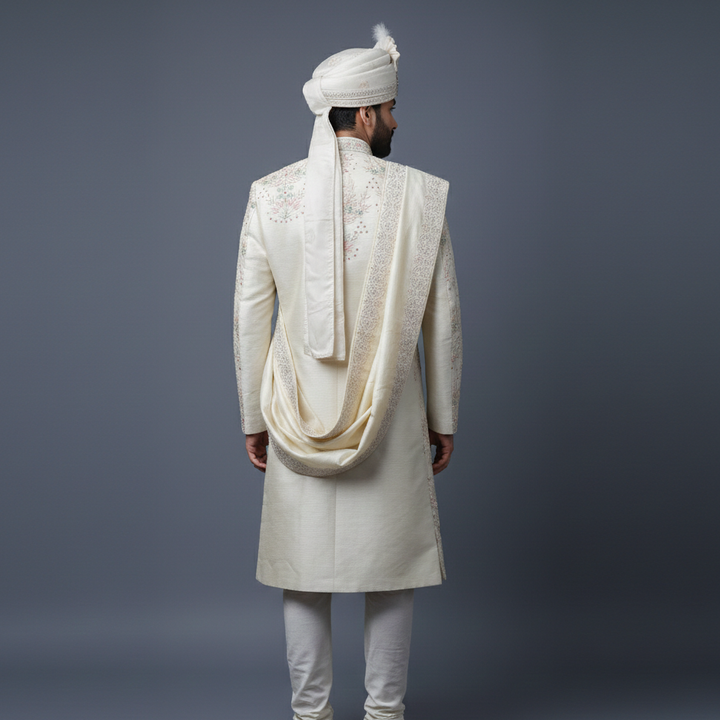 Exquisite Pastel Cream Designer Sherwani with allover Silver Zari & Cutdana Embroidery | Luxury Wedding & Groom Wear