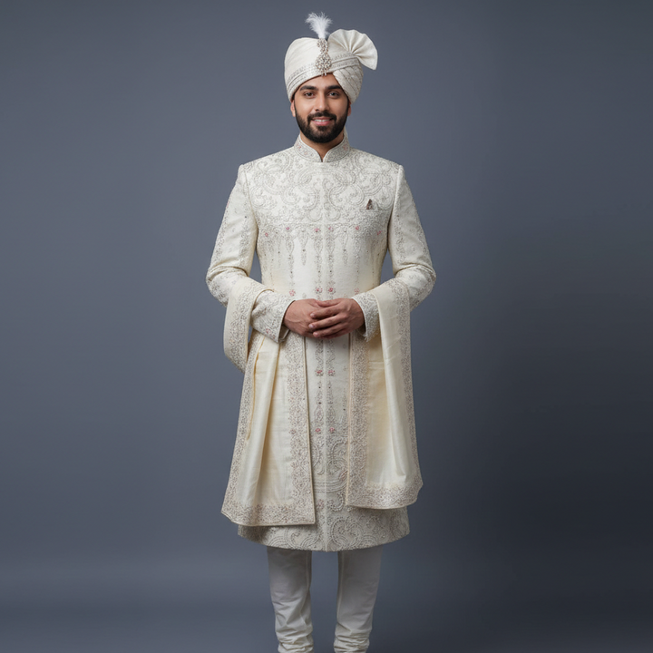 Exquisite Pastel Cream Designer Sherwani with allover Silver Zari & Cutdana Embroidery | Luxury Wedding & Groom Wear