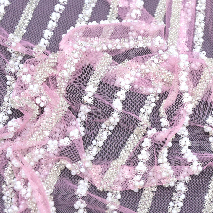 Imported Net Cutdana Pearls With Sequins Handwork Embroidery Fabrics