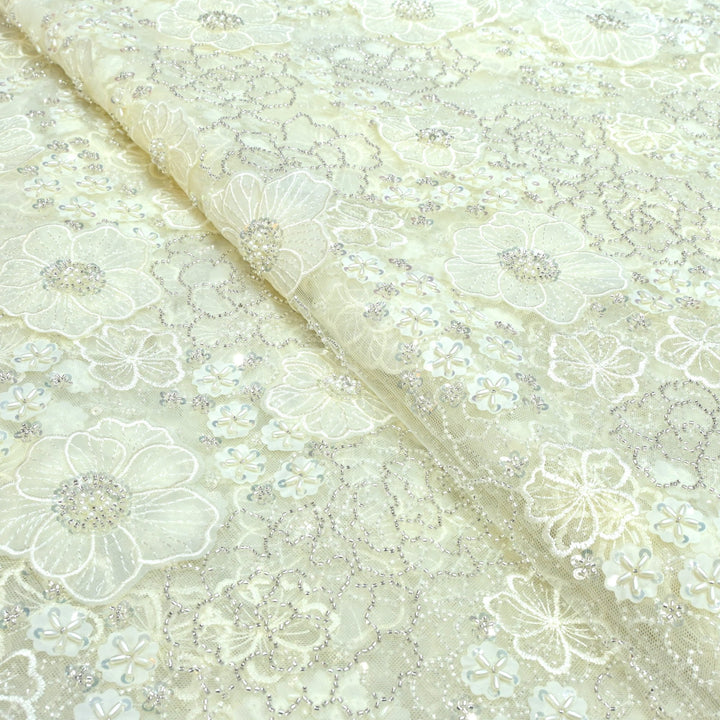 Cut dana and sequin heavy embroidered fabric with 3D flower on imported net