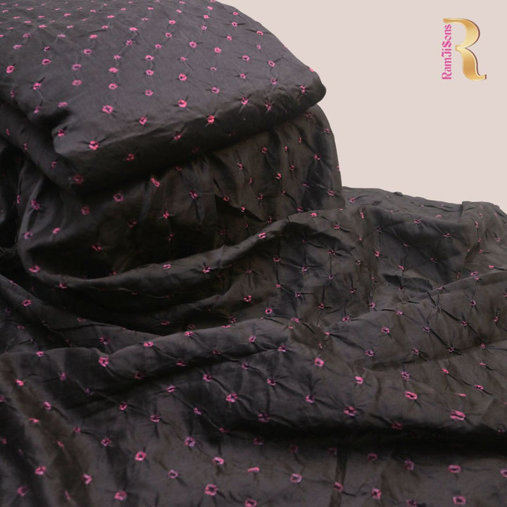 Charcoal Black Pure Silk Chanderi Bandhni Fabric | CN-79-1077