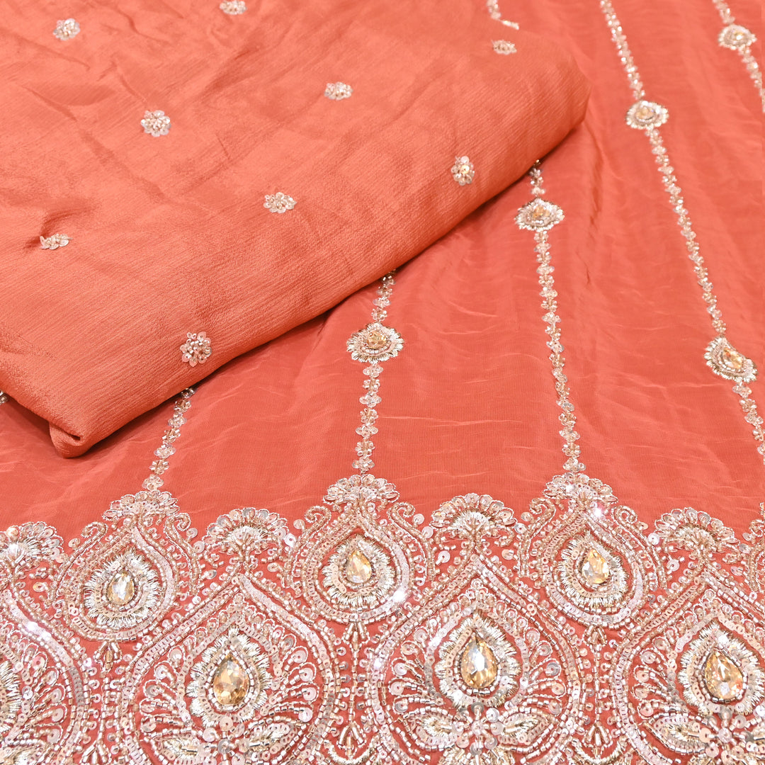 Orange Crepe Fabric with Zari, Cutdana & Sequins Embroidery