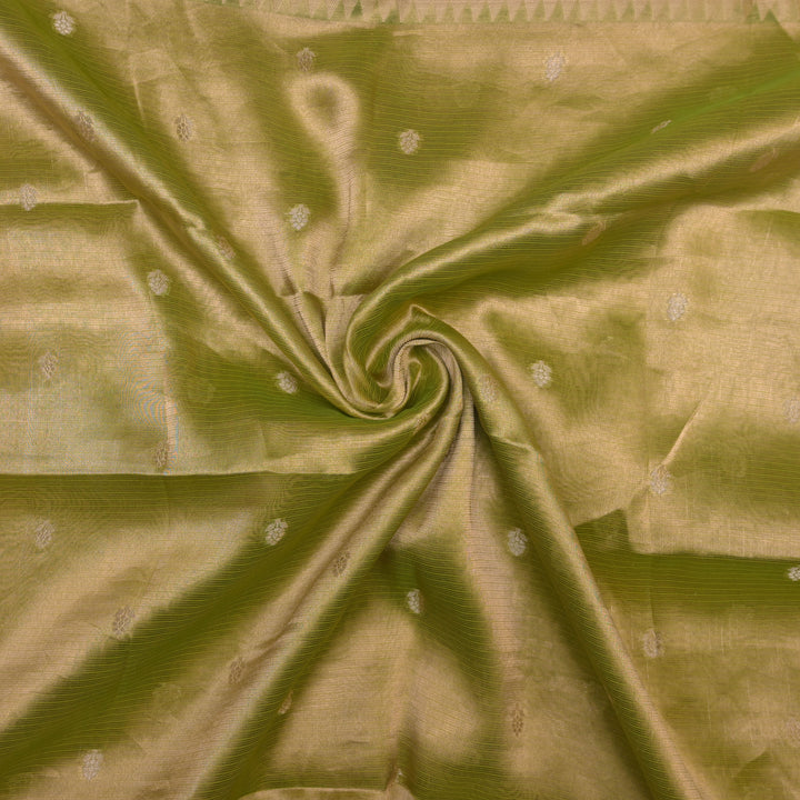 Green Brocade Tissue Fabric with Threadwork Embroidery