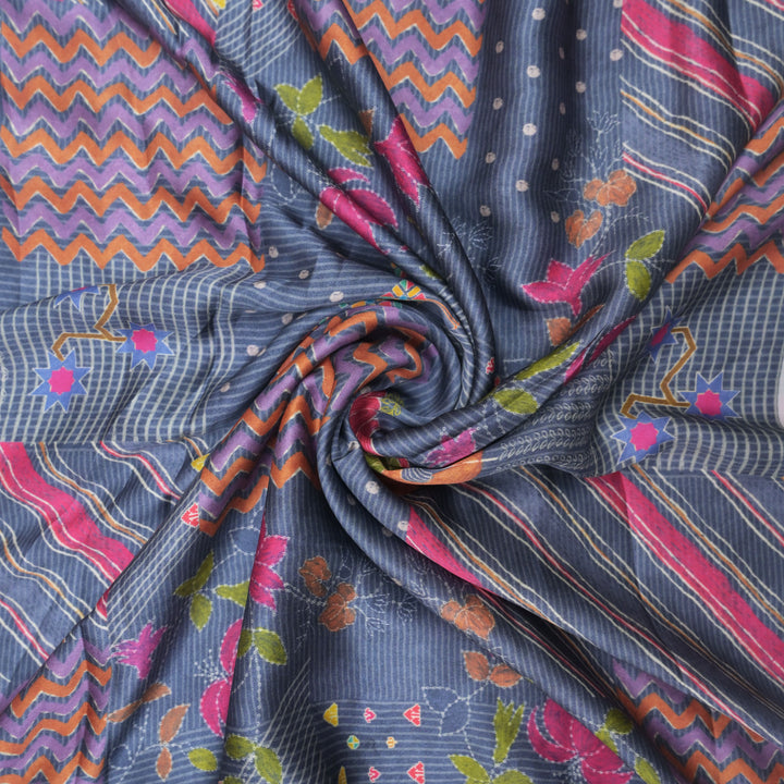 Midnight Blue Modal Satin Fabric in Digital Print