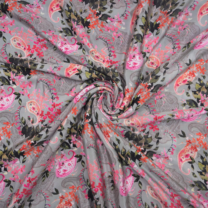 Grey Crepe Fabric in Floral Digital Print
