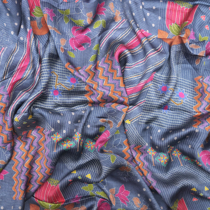 Midnight Blue Modal Satin Fabric in Digital Print