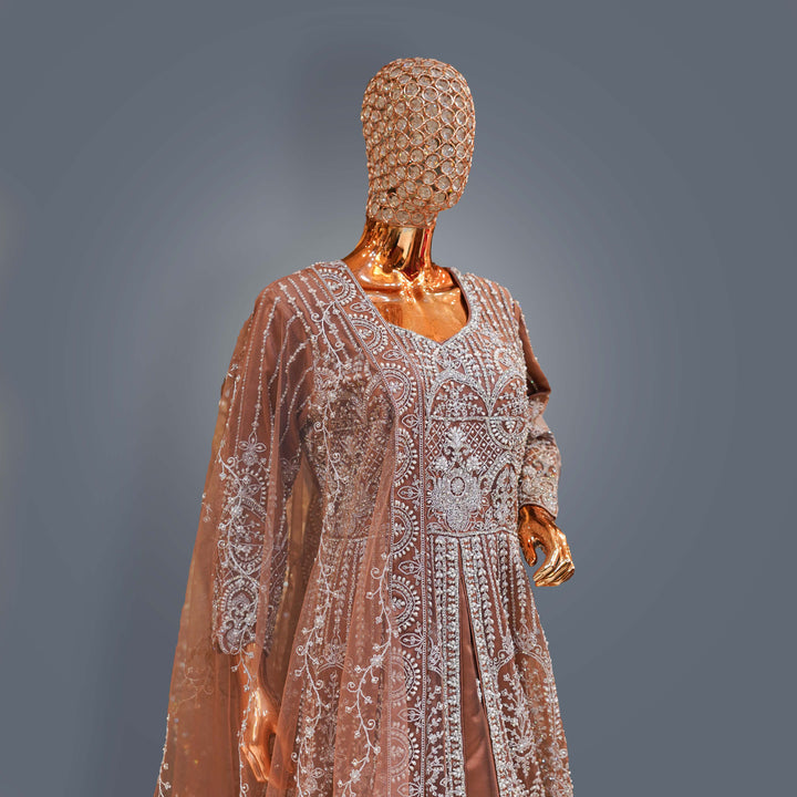 Metallic Bronze Designer Bridal Dress with Heavy Zari, Cutdana and Hand Embroidery