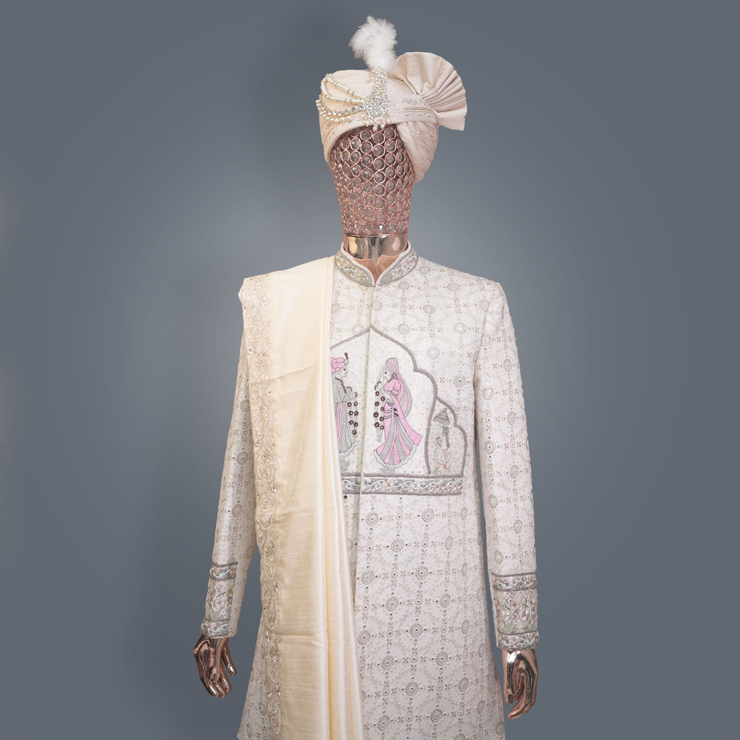 Royal Ivory Wedding Sherwani in allover Sequins & Threadwork Embroidery | Luxury Wedding & Groom Wear