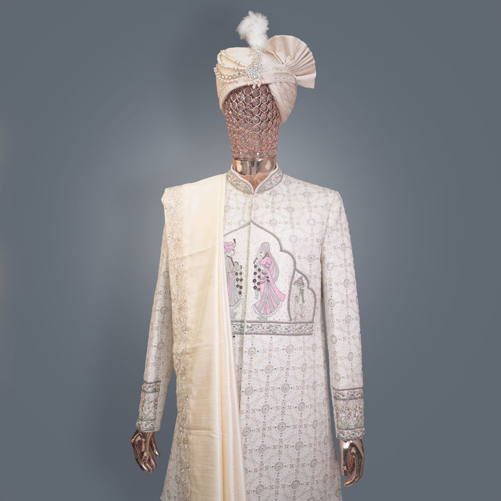 Royal Ivory Wedding Sherwani in allover Sequins & Threadwork Embroidery | Luxury Wedding & Groom Wear