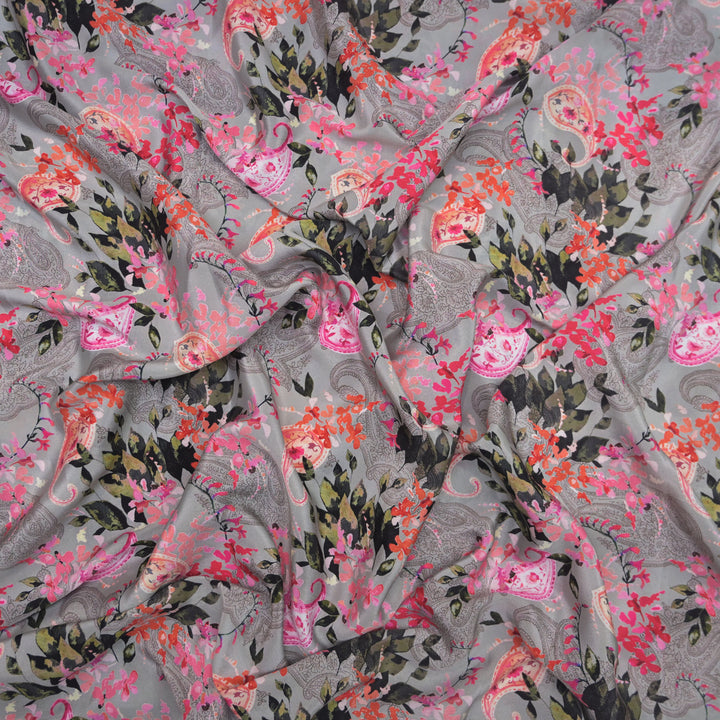 Grey Crepe Fabric in Floral Digital Print
