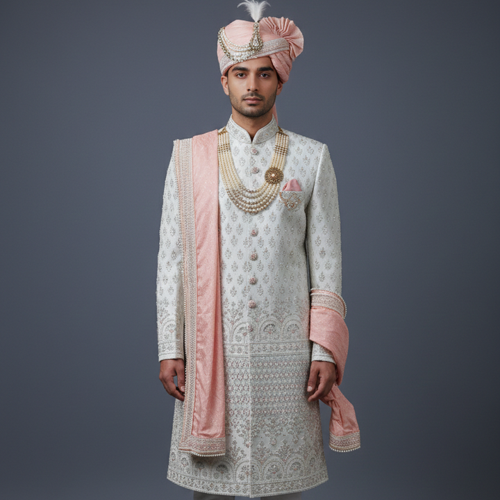 Ivory Raw Silk Sherwani Set with Zari & Cutdana Handwork Embroidery