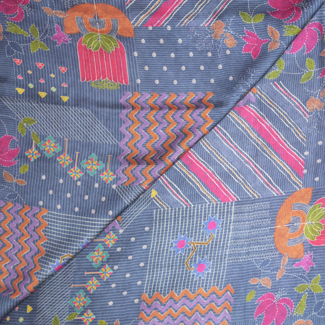 Midnight Blue Modal Satin Fabric in Digital Print