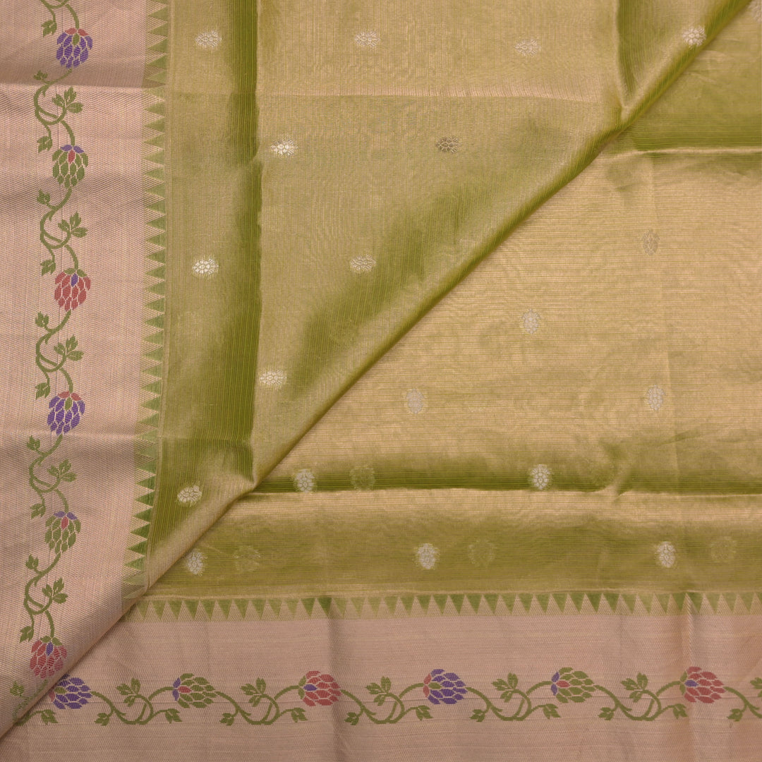 Green Brocade Tissue Fabric with Threadwork Embroidery