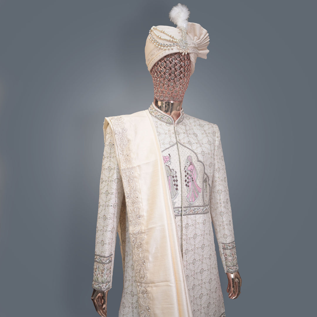 Royal Ivory Wedding Sherwani in allover Sequins & Threadwork Embroidery | Luxury Wedding & Groom Wear