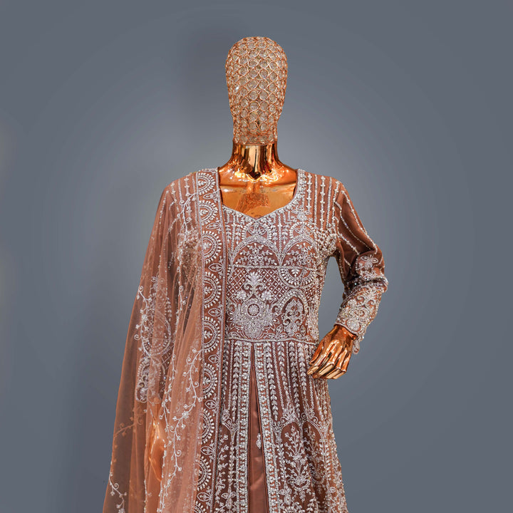 Metallic Bronze Designer Bridal Dress with Heavy Zari, Cutdana and Hand Embroidery