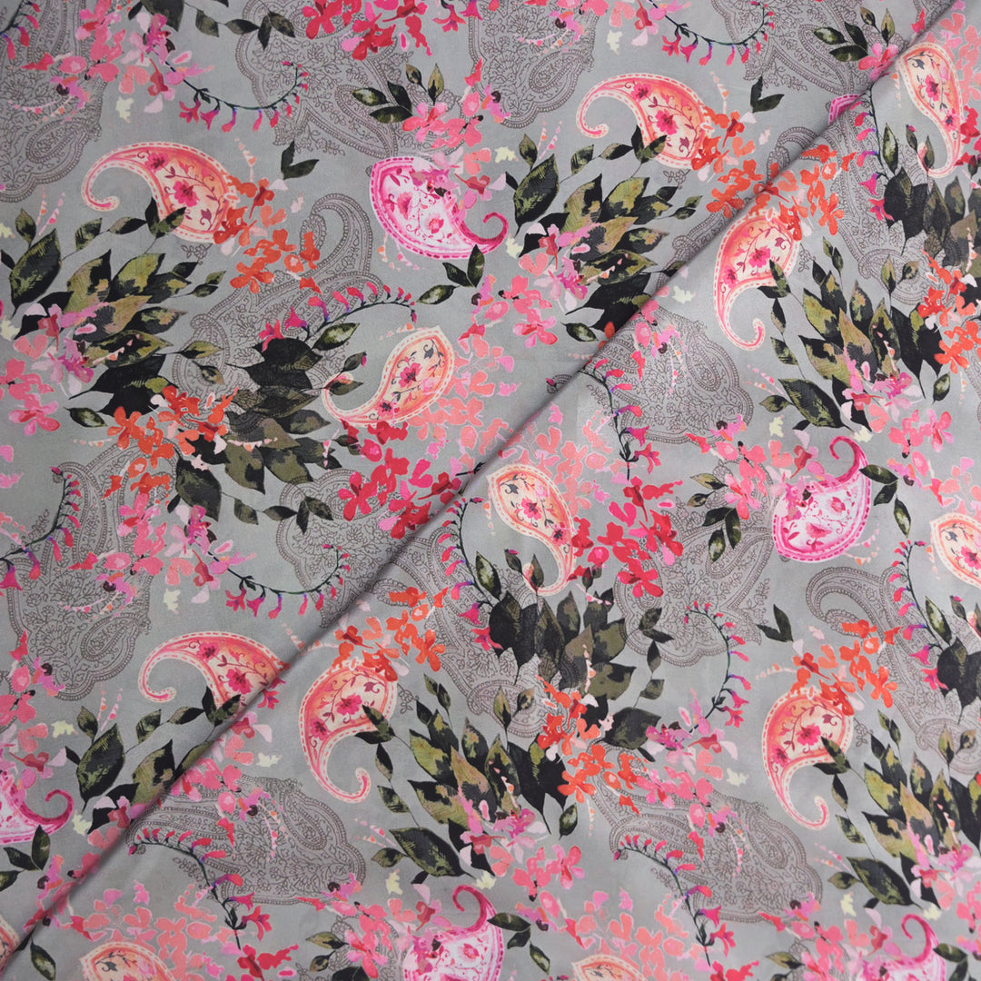 Grey Crepe Fabric in Floral Digital Print