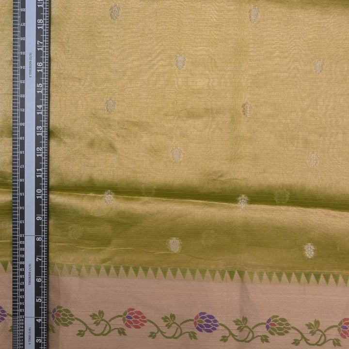 Green Brocade Tissue Fabric with Threadwork Embroidery