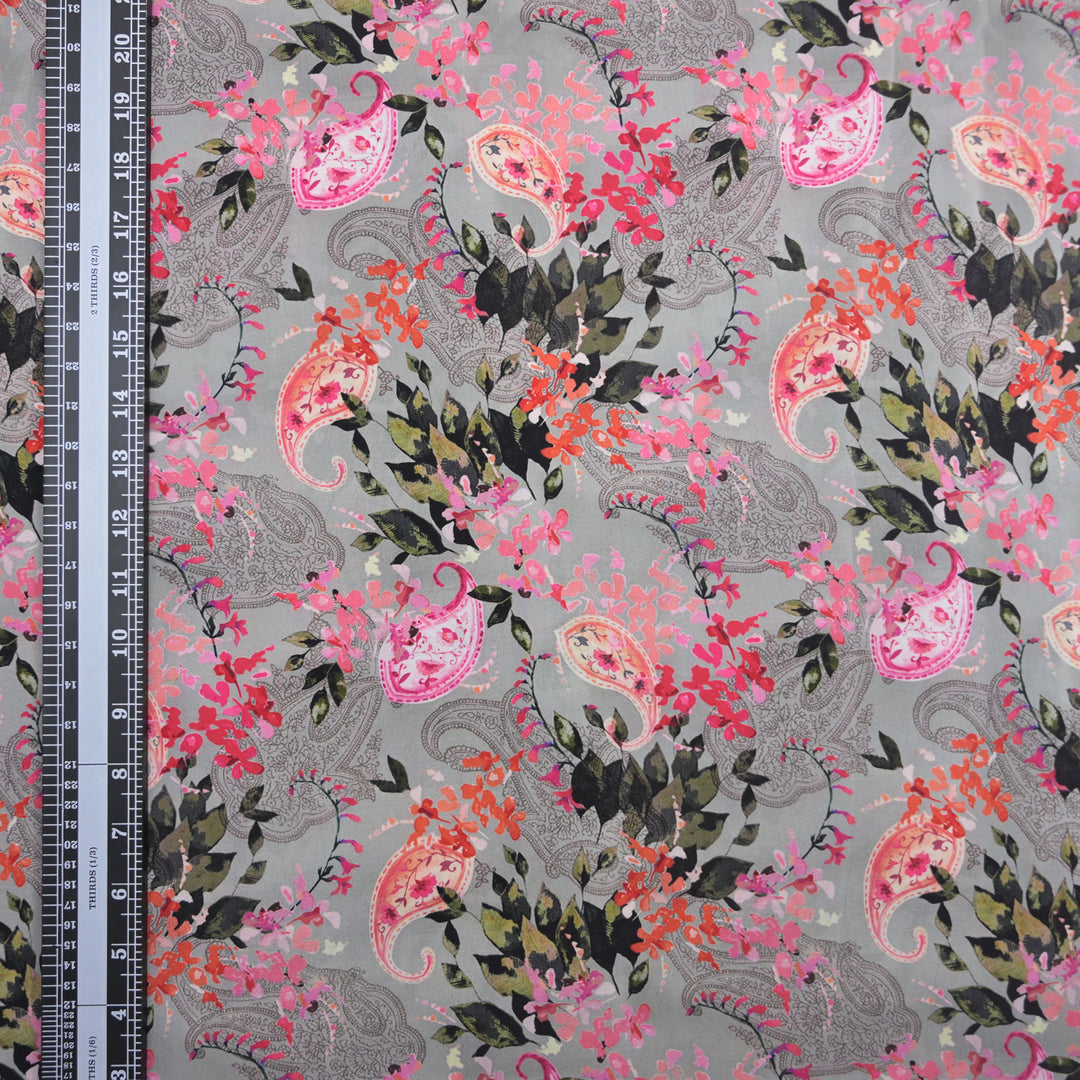 Grey Crepe Fabric in Floral Digital Print