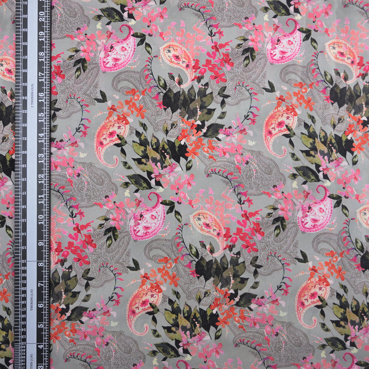 Grey Crepe Fabric in Floral Digital Print