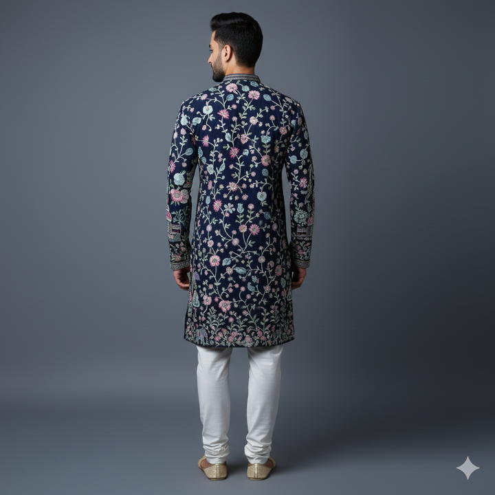 Navy Blue allover Resham Dhaga Embroidery Kurta Set