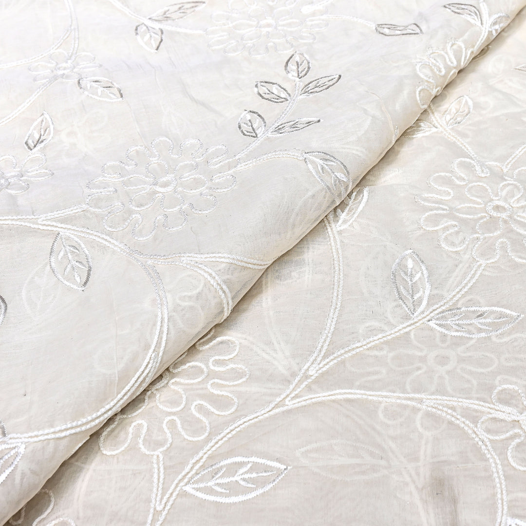 Premium Dyeable Mul Chanderi Floral Thread Embroidery Fabric - MF0638
