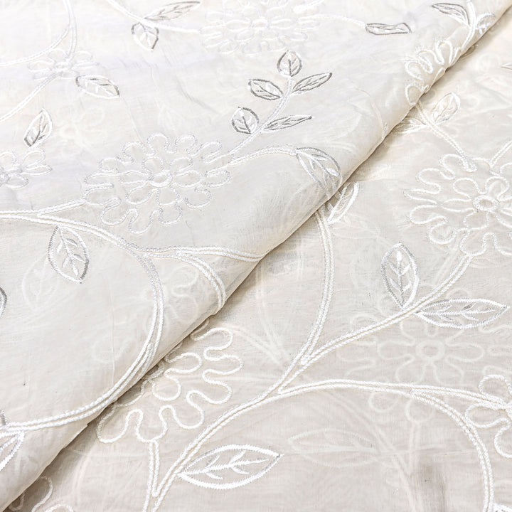 Premium Dyeable Mul Chanderi Floral Thread Embroidery Fabric - MF0638