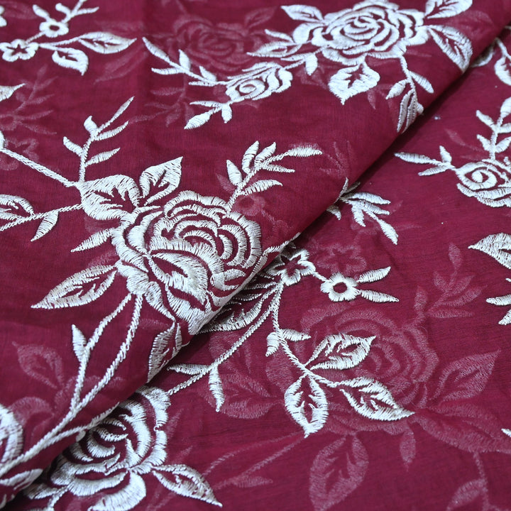 Wine Berry Color Mul Chanderi Thread Embroidery Fabric