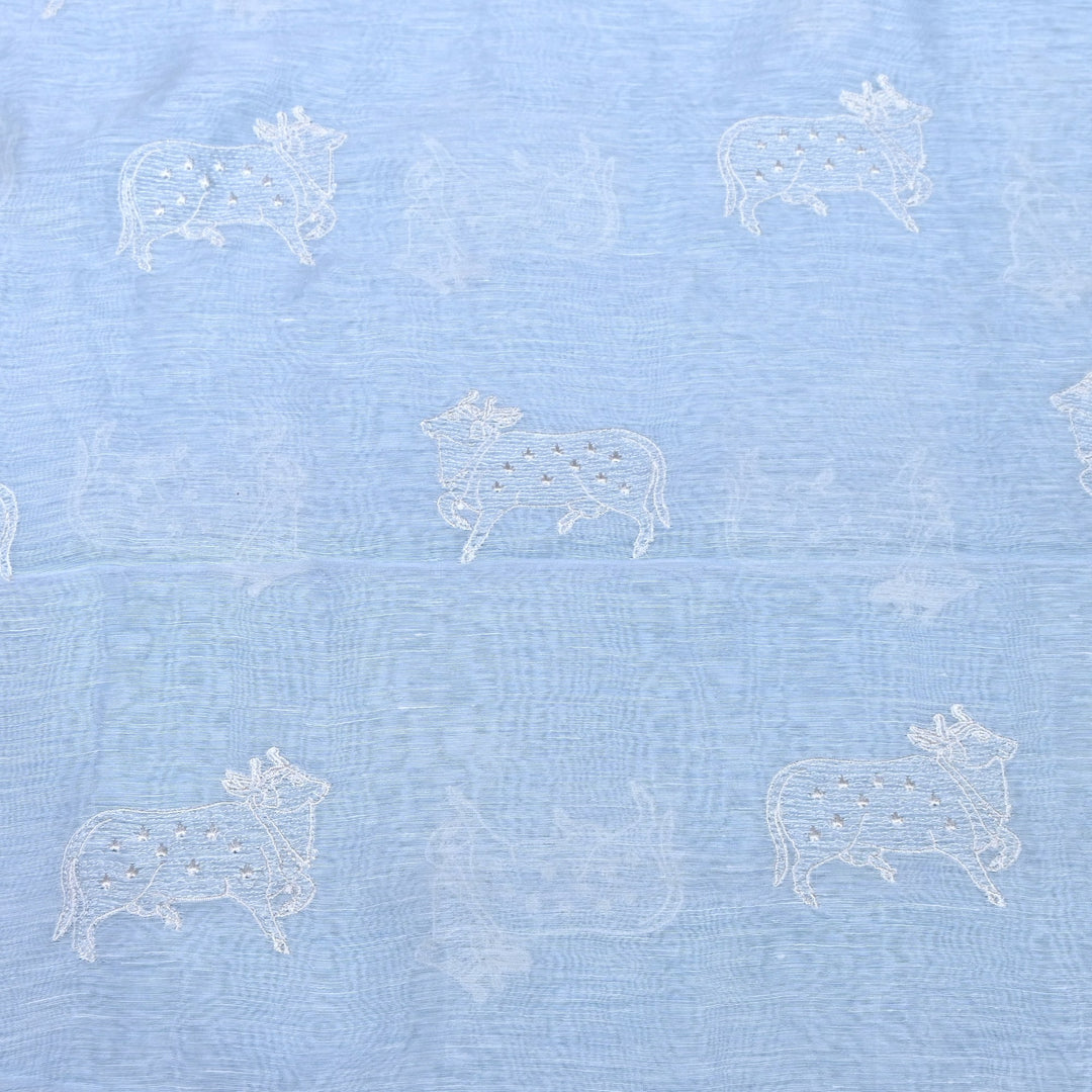 Powder Blue Color Linen Thread Embroidery Fabrics – Soft Designer Linen Embroidered Fabric-031168-6