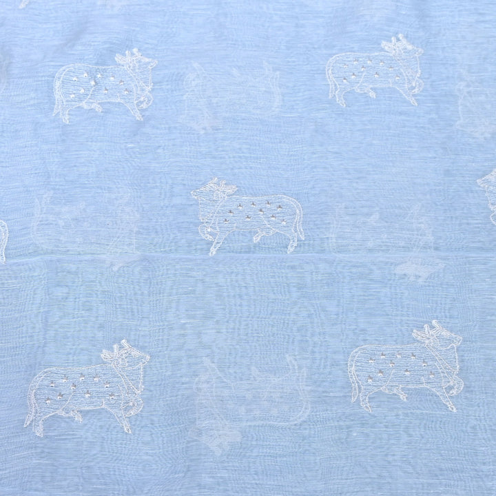 Powder Blue Color Linen Thread Embroidery Fabrics – Soft Designer Linen Embroidered Fabric-031168-6