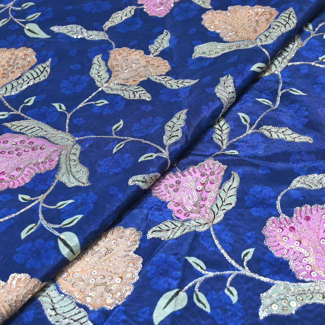 Multi Color Crepe Position Print Fabric with Zari & Sequins Embroidery - 102228-1