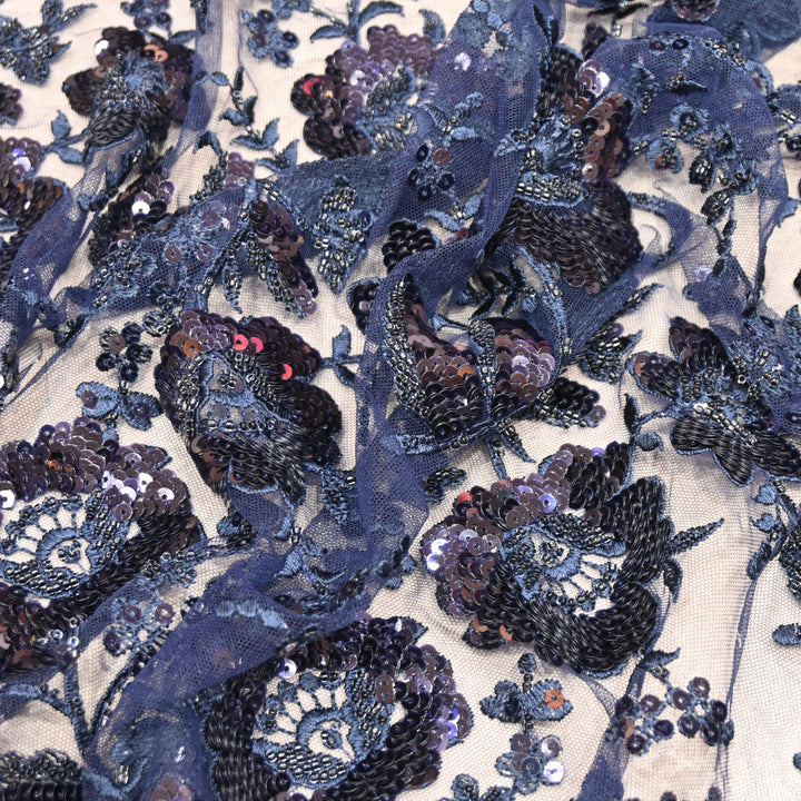 Imported Net Fabric with 3D Floral & Cut Dana Sequins Embroidery – Premium Party Wear Fabric-DY03174-1
