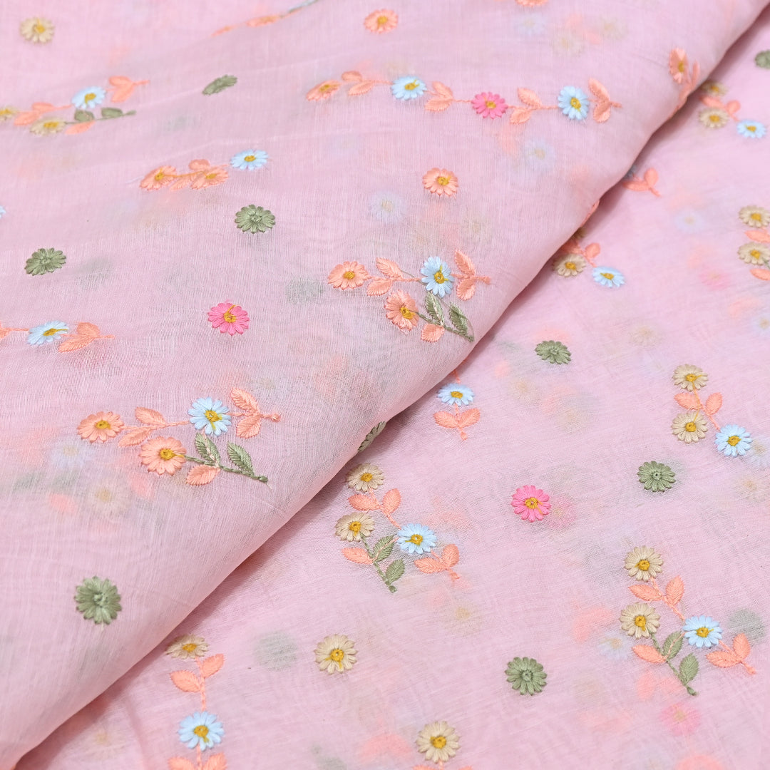 Pastel Pink Color Mul Chanderi Thread Embroidery Fabric – Soft Lightweight Designer Fabric- GP4209-1