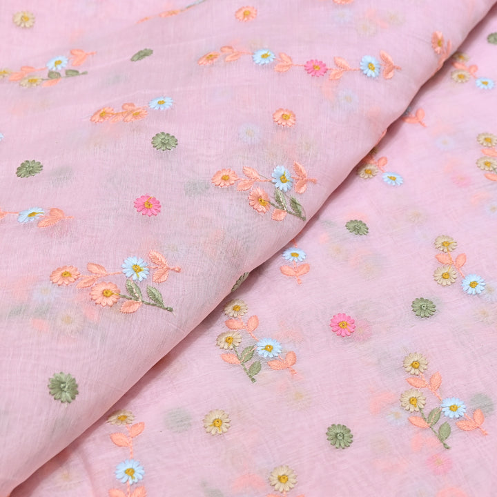 Pastel Pink Color Mul Chanderi Thread Embroidery Fabric – Soft Lightweight Designer Fabric- GP4209-1