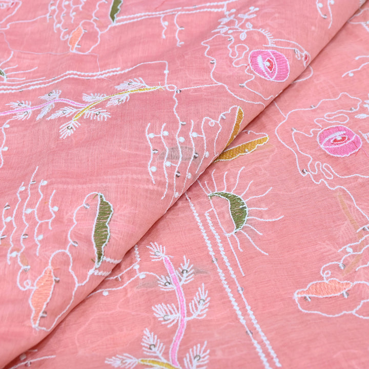 Oyster Pink Mul Chanderi Fabric with allover Sequins Thread Embroidery.